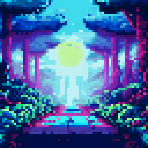 a dark and gloomy forest overshadowed by a cyan moon a stone path leads forward with the occasional broken light post 