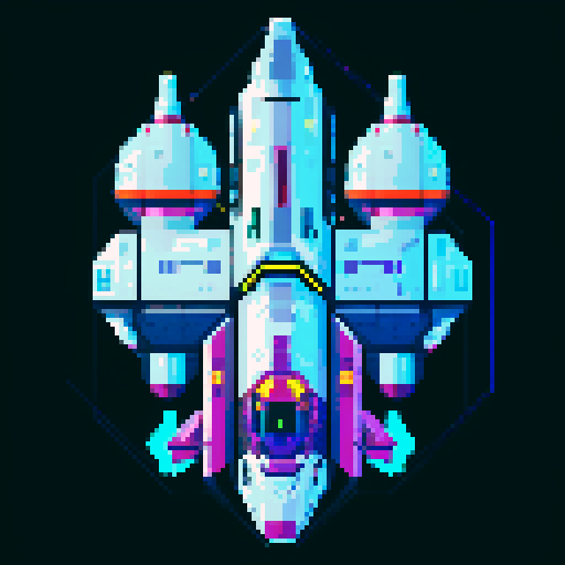 2d Spaceship in empty space, metallic exterior, retro aesthetic, pixelated details,blinking lights, wireframe outlines, geometric shapes, low-resolution textures, pixel art style, sRGB color space View from above.
shades of metallic silver and grays for the body, accented with bright blues or greens for the windows and thrusters. This palette evokes traditional, sleek, and advanced technological aesthetics.