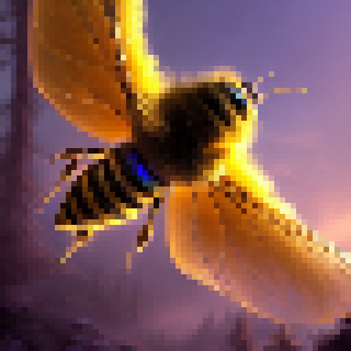 A majestic, golden bee with iridescent wings hovering above a misty, enchanted forest in the style of a Fantasy RPG.
