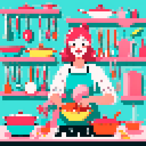 cute, vibrant, and playful, while cooking a delicious meal in a colorful kitchen filled with whimsical utensils and ingredients