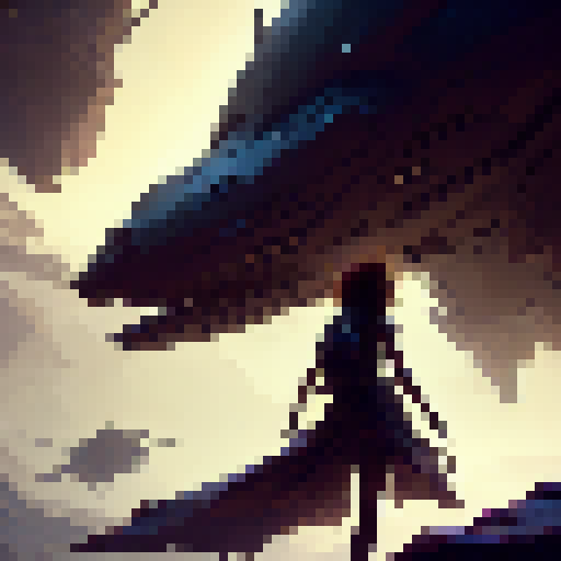 Curly-haired girl in black sleeveless top and skirt strikes a pose in a fantastical RPG world, surrounded by mythical creatures and grandiose architecture, depicted in stunning concept art.