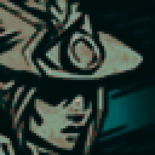 A sharp, pixelated blade slices through the sRGB-colored sky, framed by a background of jagged mountains and a sprawling landscape below, all rendered in a stunningly detailed pixel art style