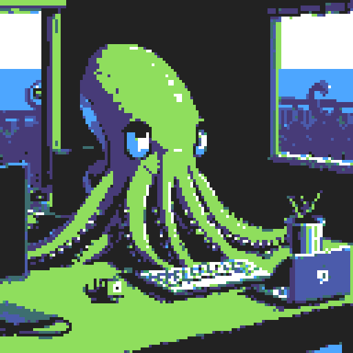 a big octopus seated at a desk typing on a laptop