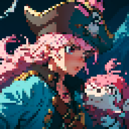 female pirate captain with pink hair, white frilly shirt, and captain's hat holding flintlock pistols on the bow of her ship looking defiant against sinister albatrosses, crabs, and deep sea creatures