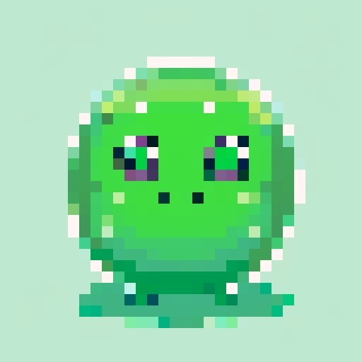 A classic green Slime with a semi-transparent, jelly-like body. It has large, friendly eyes and a simple, happy expression. The Slime has a characteristic amorphous shape and a slightly glossy surface. No background.
