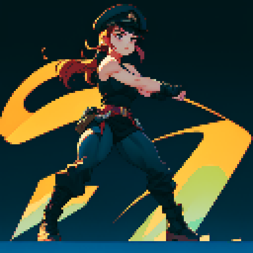 full-body image, muscle girl, female, thick biceps, big shoulders, big fists, muscular physique, thick waist, facing left, ready to fight, exaggerated proportions, black military uniform, black hat, military backdrop, sRGB, pixel art, no background, no backdrop, facing left, fists raised, ready to fight