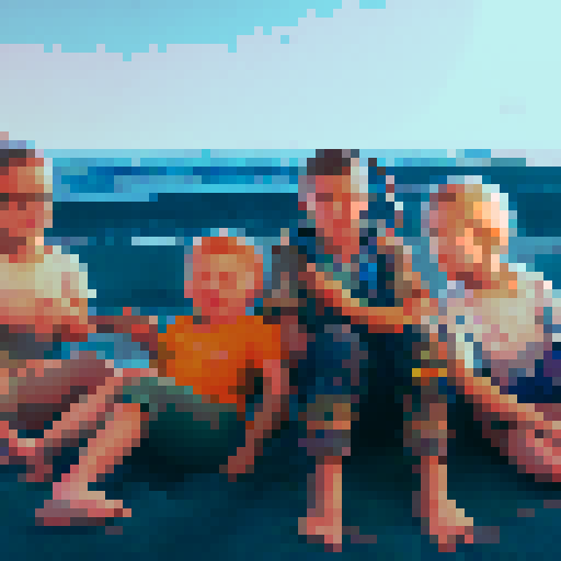 Children sitting in front of a beach at sunset