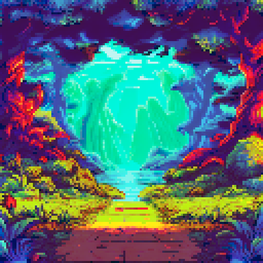 unstable portal, metal scrap, middle of forest, sRGB, pixel art, background, landscape