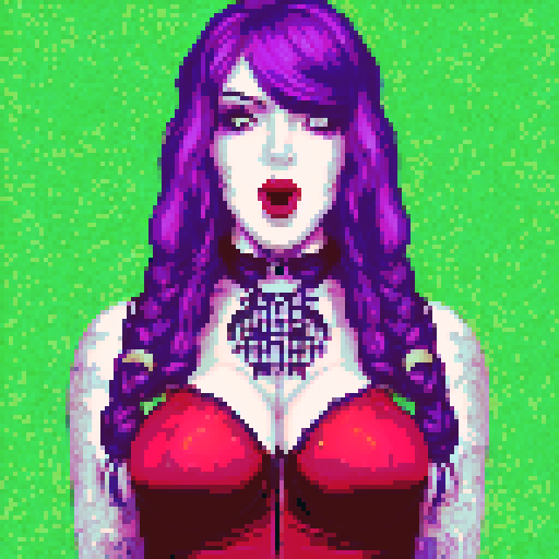 Plus size busty goth girl, with long purple hair, eyeliner, red lipstick. wearing a halter top and spiked collar. Posing for a up close face portrait. vibrant sRGB colors, pixel art, edgy aesthetic