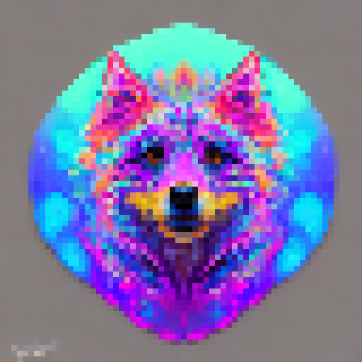 {modern artist} type drawing of a {dog type} dna sticker and hexagonal ornate psychadelic vibrant color, haze, glow, portra 400, organic, concrete - @rezdIgItal (fast) - @rezdIgItal (fast)
