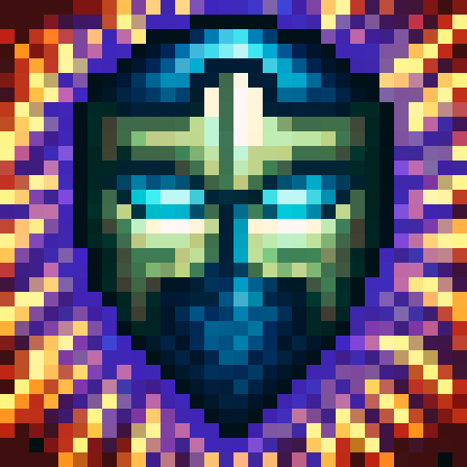 Pixel art of a goofy knight with oversized armor, a tiny helmet, and a massive sword dragging behind. He wears a tattered cape and a glowing rune-covered gauntlet. One hand holds a sword, the other a magic staff. Limited but vibrant colors: dark blue, gold, and glowing purple. Confident yet silly smirk. Retro 16-bit RPG style