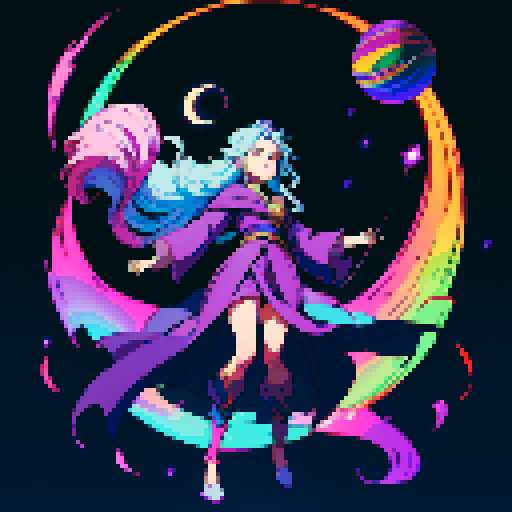 full-body art, witch, facing right, ready to fight, cosmic, four arms, blue skin, vibrant purple robes, long flowing hair, holding a glowing crystal ball, surrounded by swirling colorful magic, casting spells in space, with a crescent moon shining above, pixelated style with detailed shading