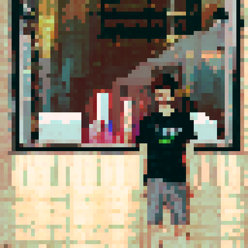 A vibrant, neon cityscape with towering skyscrapers and bustling streets, all in the iconic pixel art style of sRGB and set against a stunningly detailed sunset background