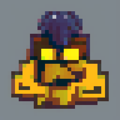 
make a 16x16 pixelart video game style sprite of a gothic style mini monster with sinuous hood and mystical colors