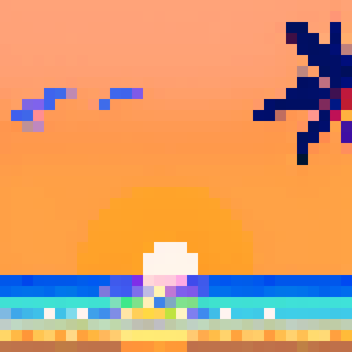 Sunset, vibrant oranges and purples, pixelated waves crashing against a sandy beach, silhouetted palm trees swaying in the warm breeze, serene and nostalgic