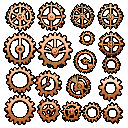 I want a copper gear that looks like it was made by a master clockmaker. It should have strange mechanical details that could interlock with each other. I also want this object usable an asset in a videogame, meaning only one object per image, outlined with a strong black stroke, on a solid-color background.