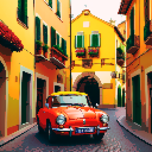 vintage car, vibrant colors, in a colorful italian city road