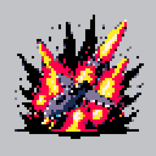 missile wreckage, jagged metal, smoldering flames, pixelated explosion, vibrant colors, sRGB