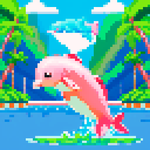 pink dolphin, jumping, river, rainforest, pixel art, sRGB