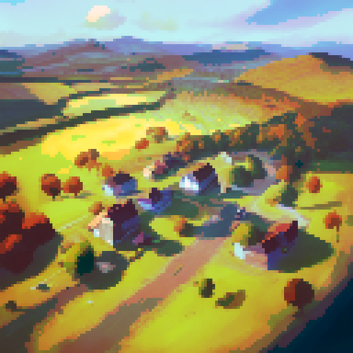 Scenery from elevated angle, farm village with fields, autumn