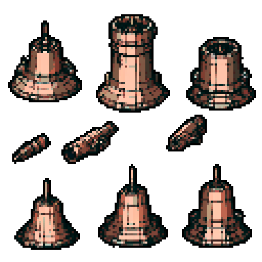 I want a copper structure reminiscent of the base of a gun turret, seen from a head on two dimensional perspective. The design should be relatively simple. I also want this object usable as an asset in a videogame, meaning only one object per image, outlined with a strong black stroke, on a solid-color background.