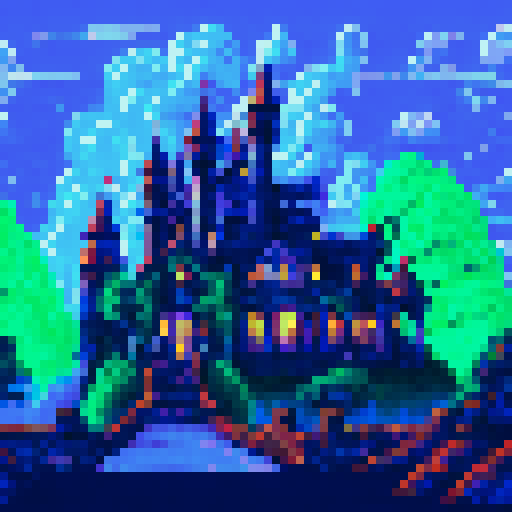 Haunted mansion, looming atop a hill, with a winding cobblestone pathway leading to its entrance, under a dark night sky filled with ominous thunderclouds and sporadic bursts of lightning, all depicted in vivid pixel art, showcasing the eerie sRGB color palette, creating a haunting background landscape