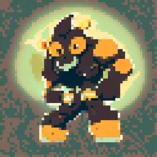 Furry ape, muscular and imposing, sitting at a vintage typewriter, surrounded by black, with large expressive eyes and a determined look on his face, typing away in a bright and colorful anime style