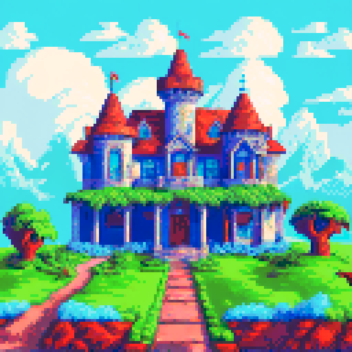 whimsical, colorful, vibrant, mansion by the sea, sRGB, pixel art, background, landscape