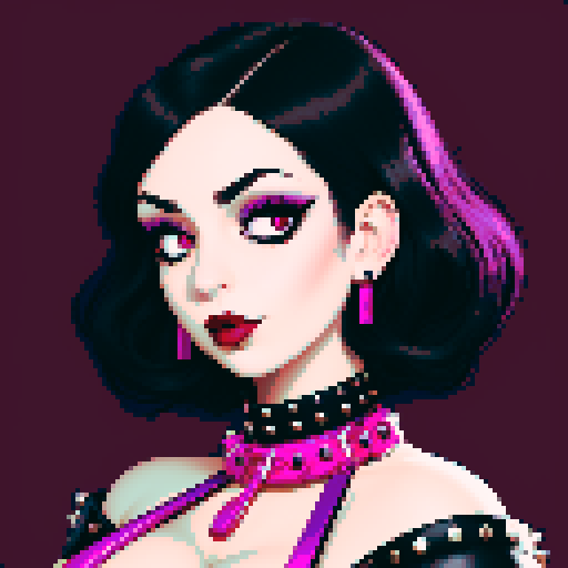 curvy, cute busty goth woman,  whole head portrait, black hair, purple eyeshadow, red lipstick, low cut black studded leather halter top, studded collar, vibrant sRGB colors.