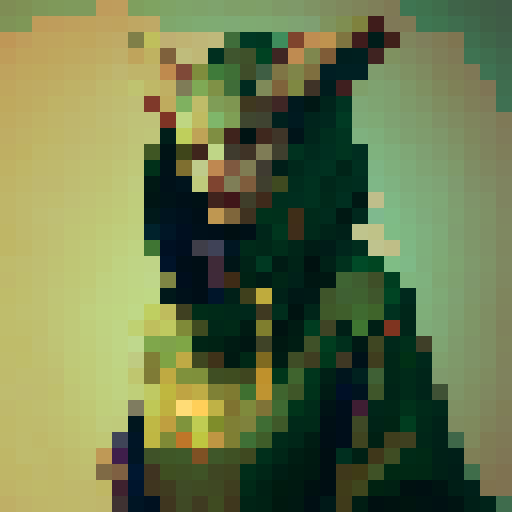 Huntress character with old green cape, wooden horns and bow