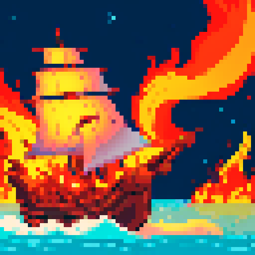 16th century cog sailing the sea on fire
