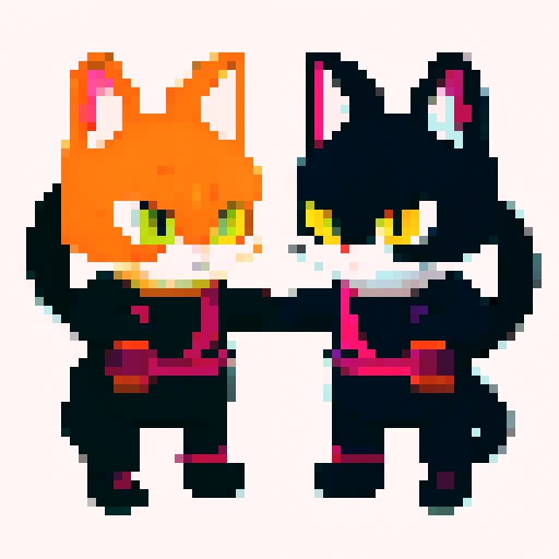 Siamese Japanese cats with vibrant, pixelated fur in a ninja-inspired sRGB palette