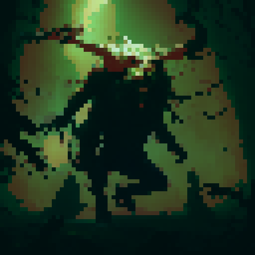 A large tree with dozens of limbs, a demon face, and teeth, walking through the forest