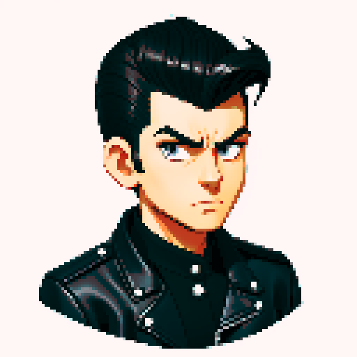 Tough Greaser wearing motorcycle jacket with pompadour hairstyle, srgb colors.