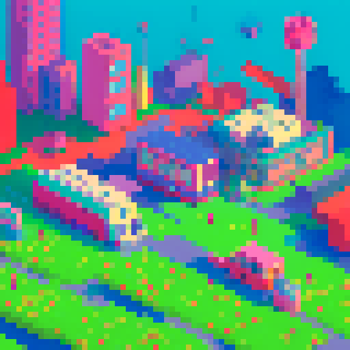 The optimistic future in the background to the right with bright colors and technology, with decaying factories in the foreground to the left with a person on the left side staring off at the future, with the bad of their head to the audience.