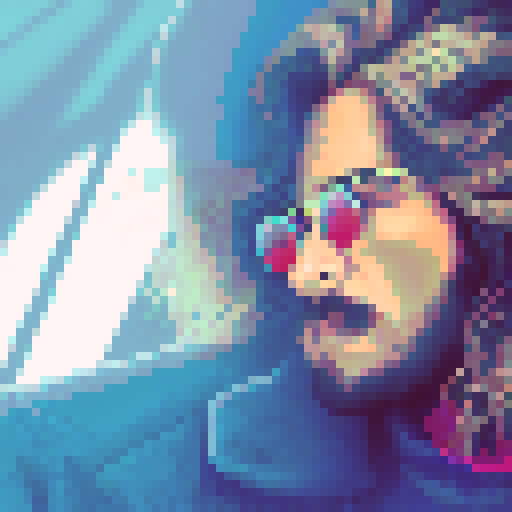 long-haired, eccentric, artistic man with vibrant, neon-colored locks, wearing retro, round sunglasses, against a pixelated, 