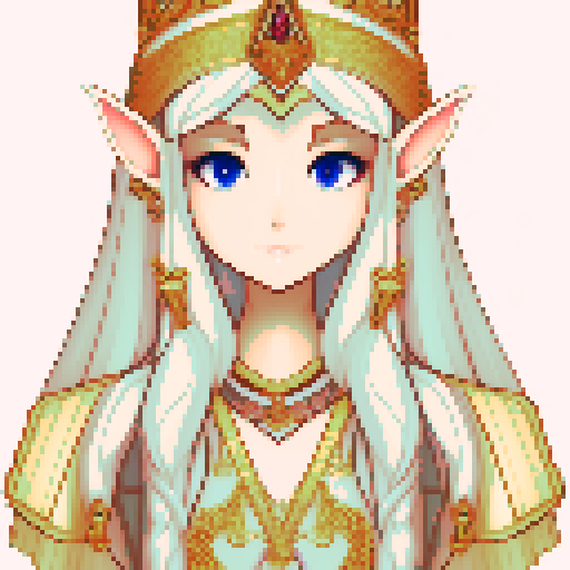 beautiful illustrious Elf Queen, golden-sun hair with white, comforting, welcoming look, ceremonial regal clothes of the elven royalty, pixel art, sRGB