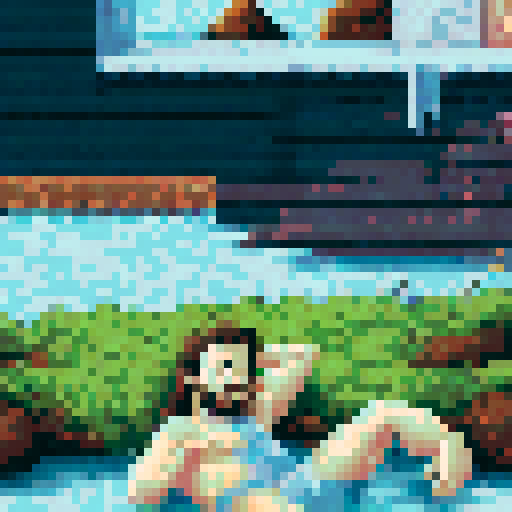 crazy cool guy with long brown hair sitting in a small pool, pixel art, sRGB, background, landscape
