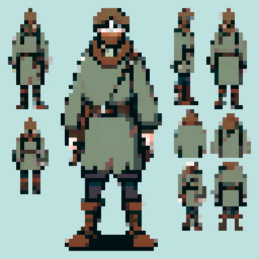 medieval character alone, 13th century, pixel art sprite, Finland region, 64x64 pixels, simple tunic, belted waist, fur footwear, hides, wrapped cords, natural earthy tones, rugged survival setting, visually expressive, low resolution, neutral pose, front-facing, pixel art, sRGB, transparent background.