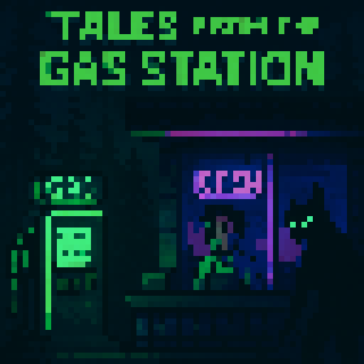 "Create a 16-bit pixel art scene of a creepy gas station at night, inspired by Tales from the Gas Station. Include a neon-lit gas pump, a flickering 'Open' sign, and a dark, eerie forest background. Feature a tired clerk in an apron behind the counter and a shadowy, cryptid-like customer with glowing eyes. Use a moody palette of neon greens, purples, dark blues, and blacks. Style: retro, detailed, spooky yet humorous, 32x32 pixel resolution."

