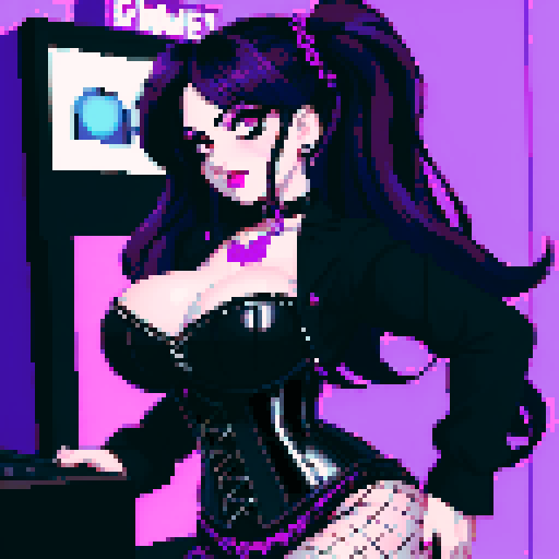 Curvy cute busty goth babe with purple long hair in buns, dark smoky eyes, goth eyeshadow, black studded choker, corset, fishnet stockings, edgy pixel art style, retro arcade game machines