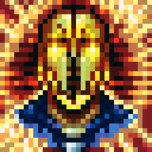 Golden sun with fiery rays shining on a fierce warrior's determined face, rendered in 32x32 pixel art with game icon style, skillfully close up and in portrait mode, using sRGB color palette.