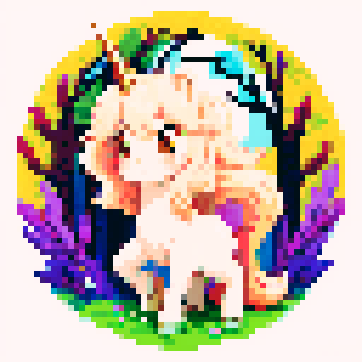unicorn woman hybrid with cloven hooves, ethereal mane flowing, delicate golden horn, playful expression, bathed in the moons glow in a forest, clear detail, pixel chibi art style