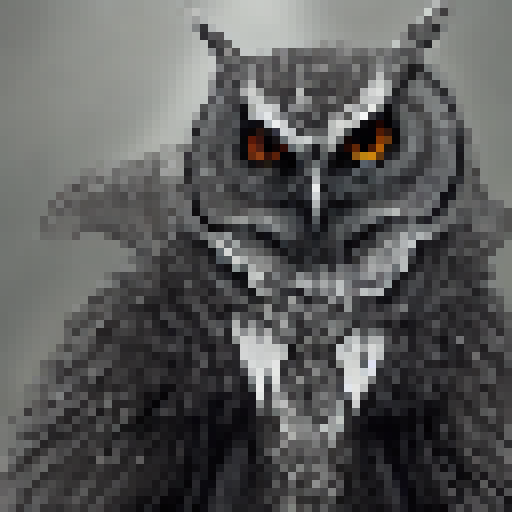 Menacing, sharp-feathered Eldritch Owl with evil black, white, and silver color scheme in Fantasy RPG style. full face