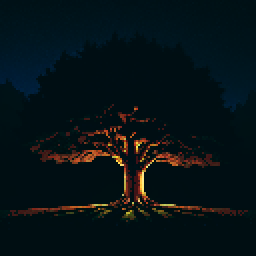 gigantic towering oak tree viewed from afar, nighttime setting, vast black sky with white stars, wide angle lens, nostalgic feel, sega genesis style