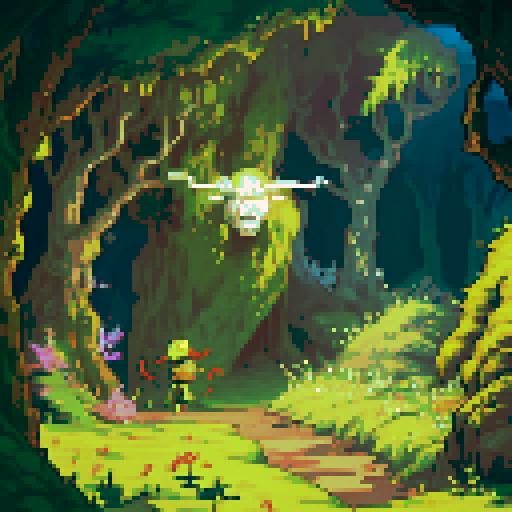 character, cave overgrown with leafs and trees, spiders, sword, sRGB, pixel art