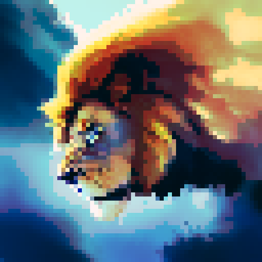 lion, majestic, mane flowing, golden fur, fierce gaze, rugged terrain, vast savannah, distant mountains, dramatic sky, surreal colors, ethereal light, soft brushstrokes, detailed features, textured background, captivating composition