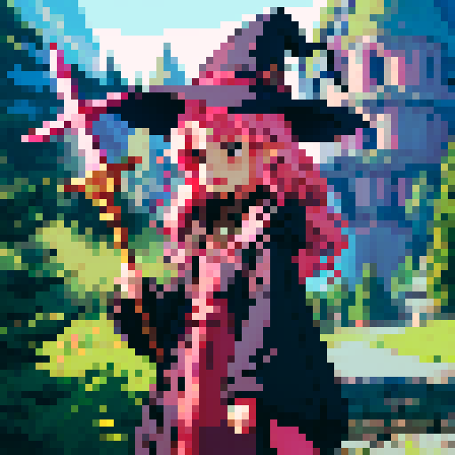 cute witch, long pink hair, staff, witch's hat, witch's dress, pixel art style, sRGB