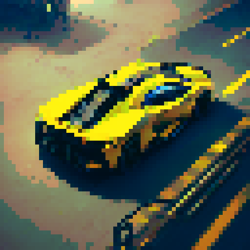 yellow symmetrical Lamborghini, pixel art, smoke billowing, rear wheels, logo prominently displayed, shot from above the hood, sRGB