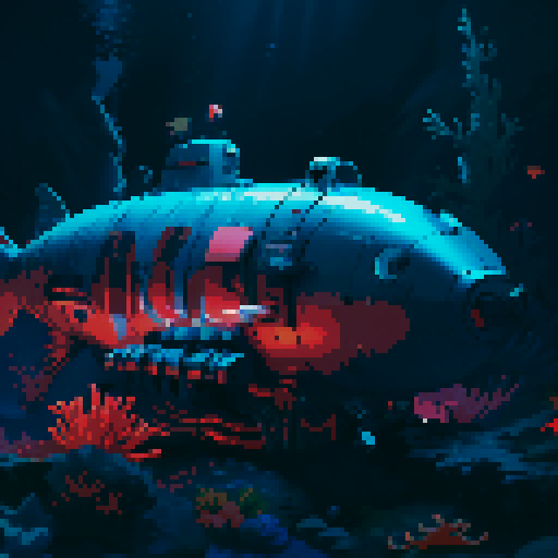 submarine, underwater, colorful, vibrant, retro, 8-bit, pixelated, deep sea, coral reefs, marine life, illuminated, glowing, exploration, portholes, periscope, propellers, mechanical, rivets, vintage, nostalgic